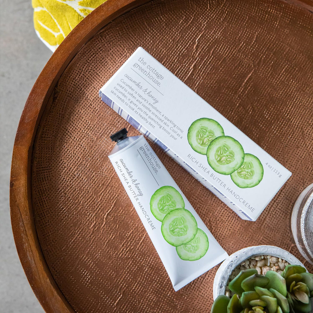 Application of The Cottage Greenhouse cucumber-honey handcreme on skin for daily comfort.