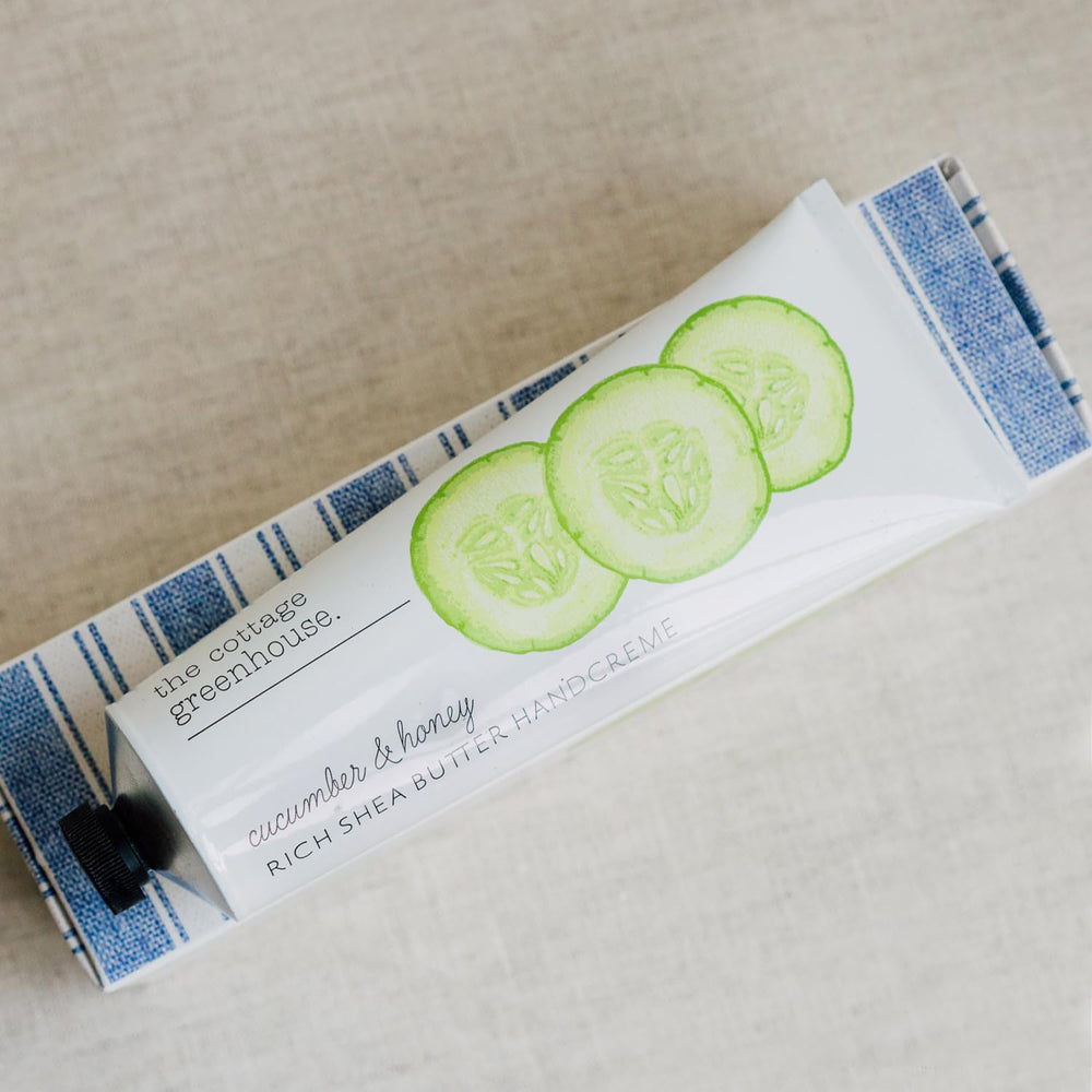 The Cottage Greenhouse cucumber-honey handcreme dispenser in use for quick absorption.