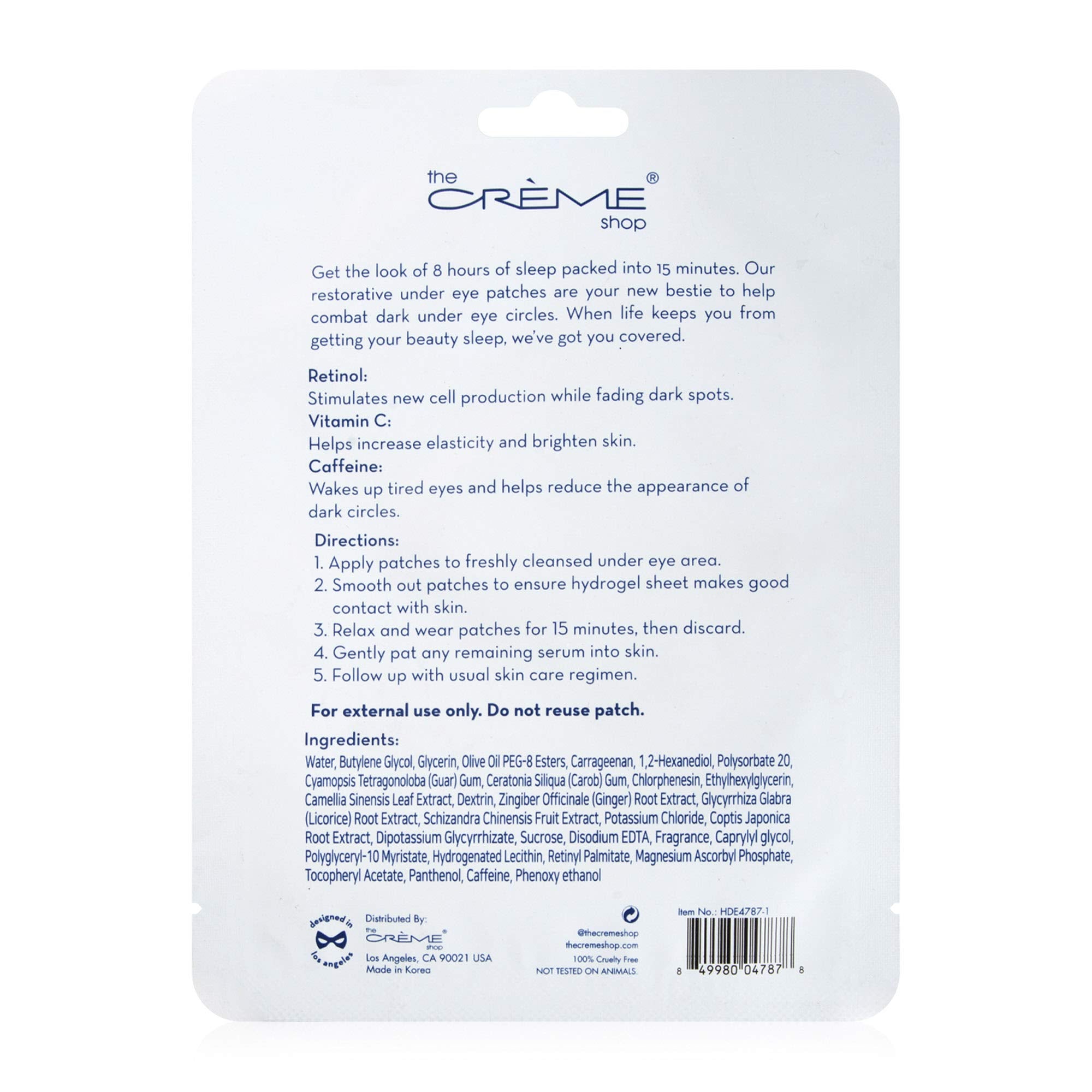 The Crème Shop Eye Patches application close-up shows revitalized look with gentle hydration.