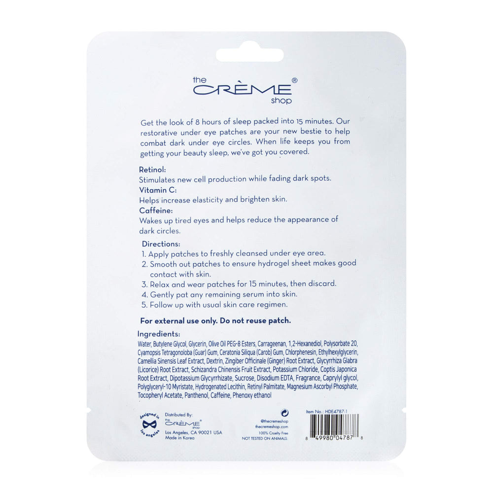 The Crème Shop Eye Patches application close-up shows revitalized look with gentle hydration.