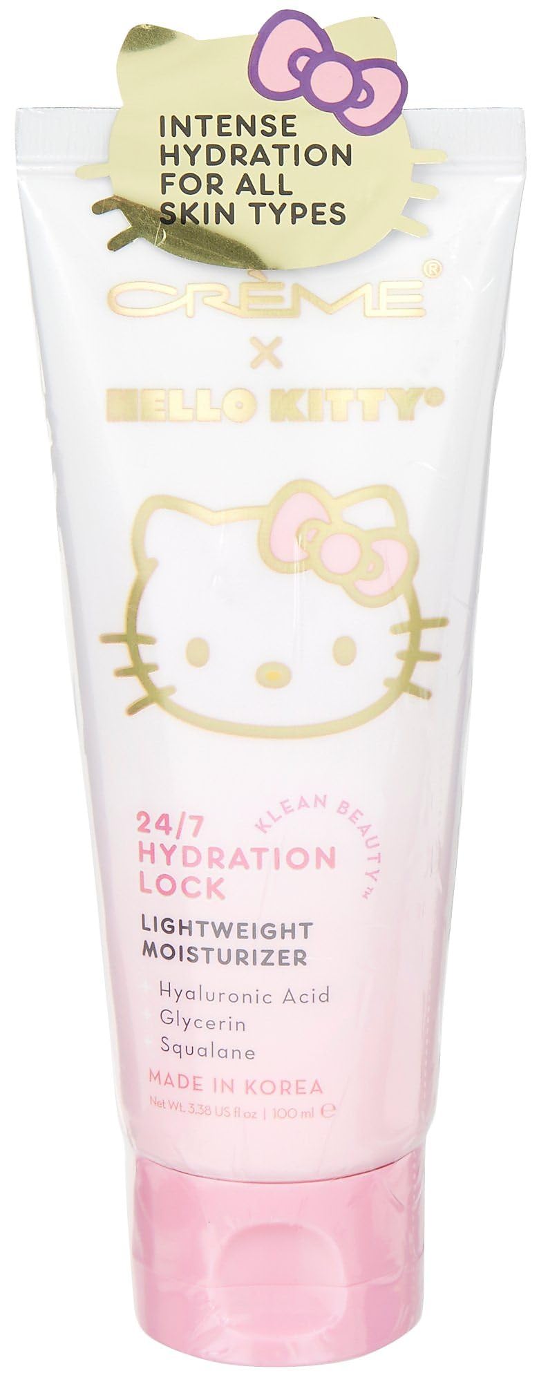 The Crème Shop Hello Kitty 24/7 Hydration Lock bottle highlights a lightweight, non-greasy finish.