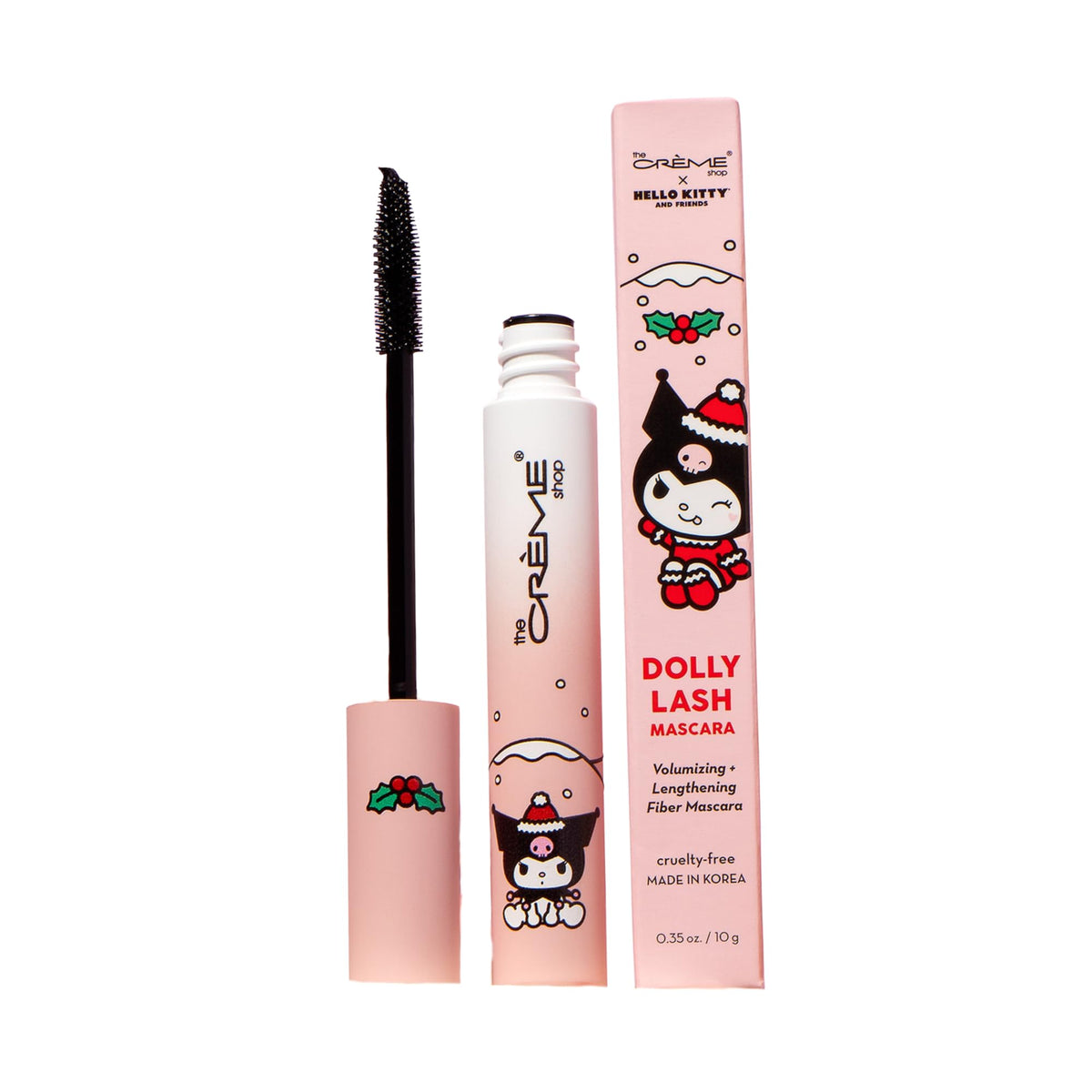 The Crème Shop Hello Kitty Dolly Lash Mascara tube shows a volumizing formula for dramatic lashes.