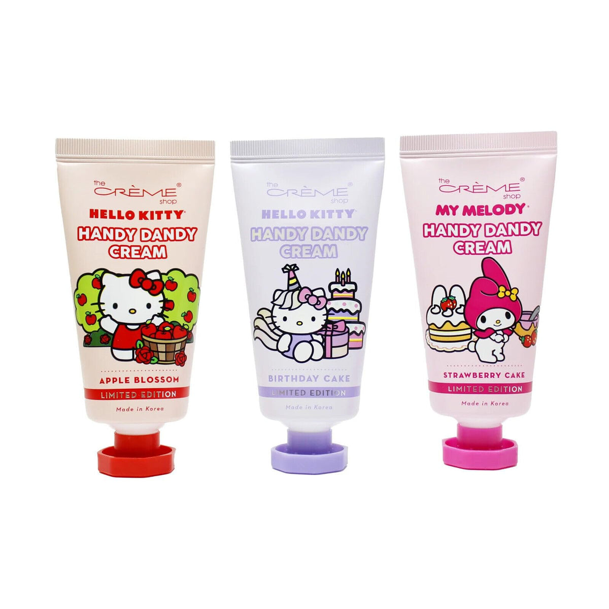 The Crème Shop Hello Kitty hand creme trio for dry skin relief and quick-absorbing hydration.