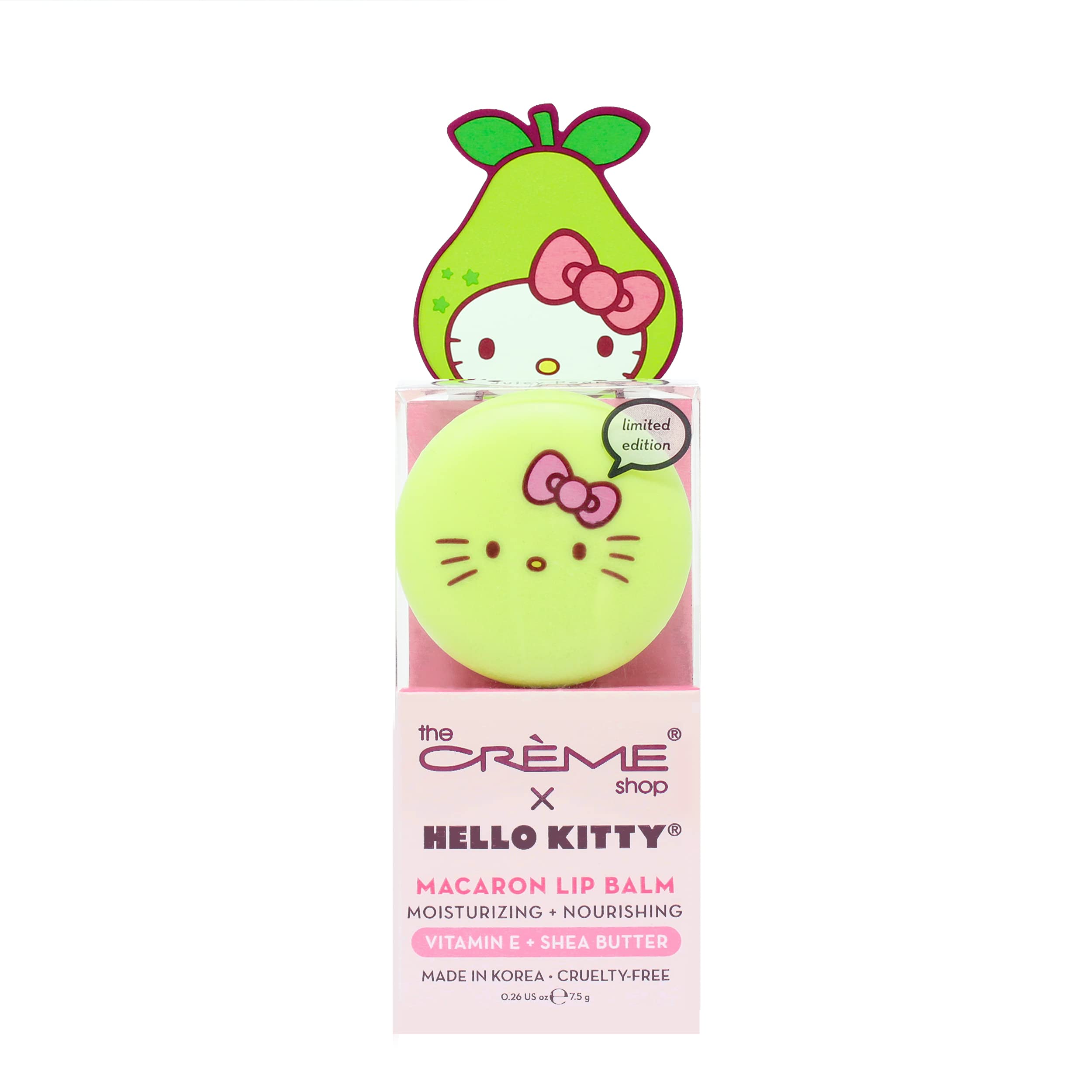 The Crème Shop Hello Kitty Macaron Lip Balm Juicy Pear tube emphasizes compact, portable lip care.