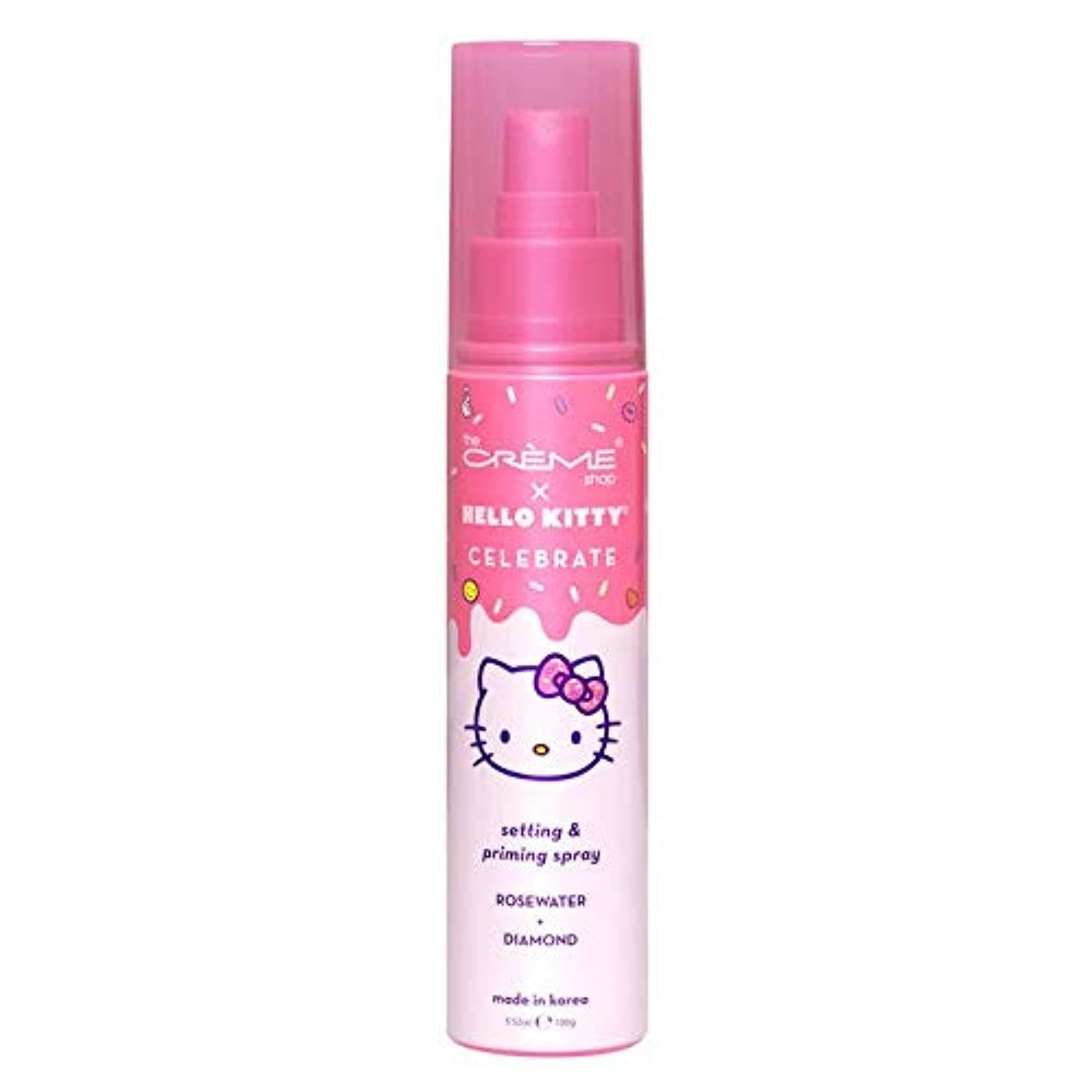 The Crème Shop Hello Kitty priming spray with rose water for hydrated makeup hold.
