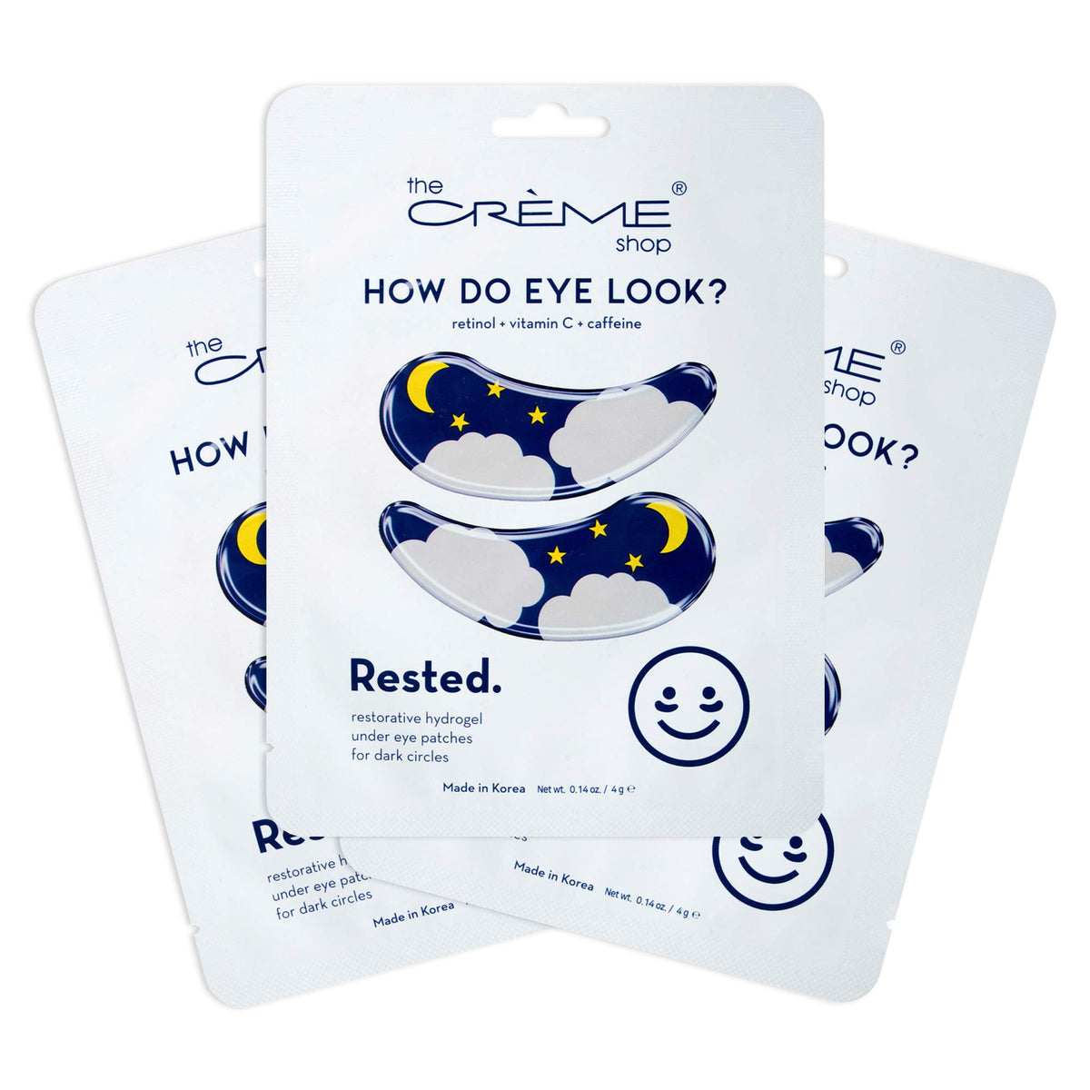 The Crème Shop How Do Eye Look? Rested hydrogel under-eye patches packaging view for refreshing eyes.