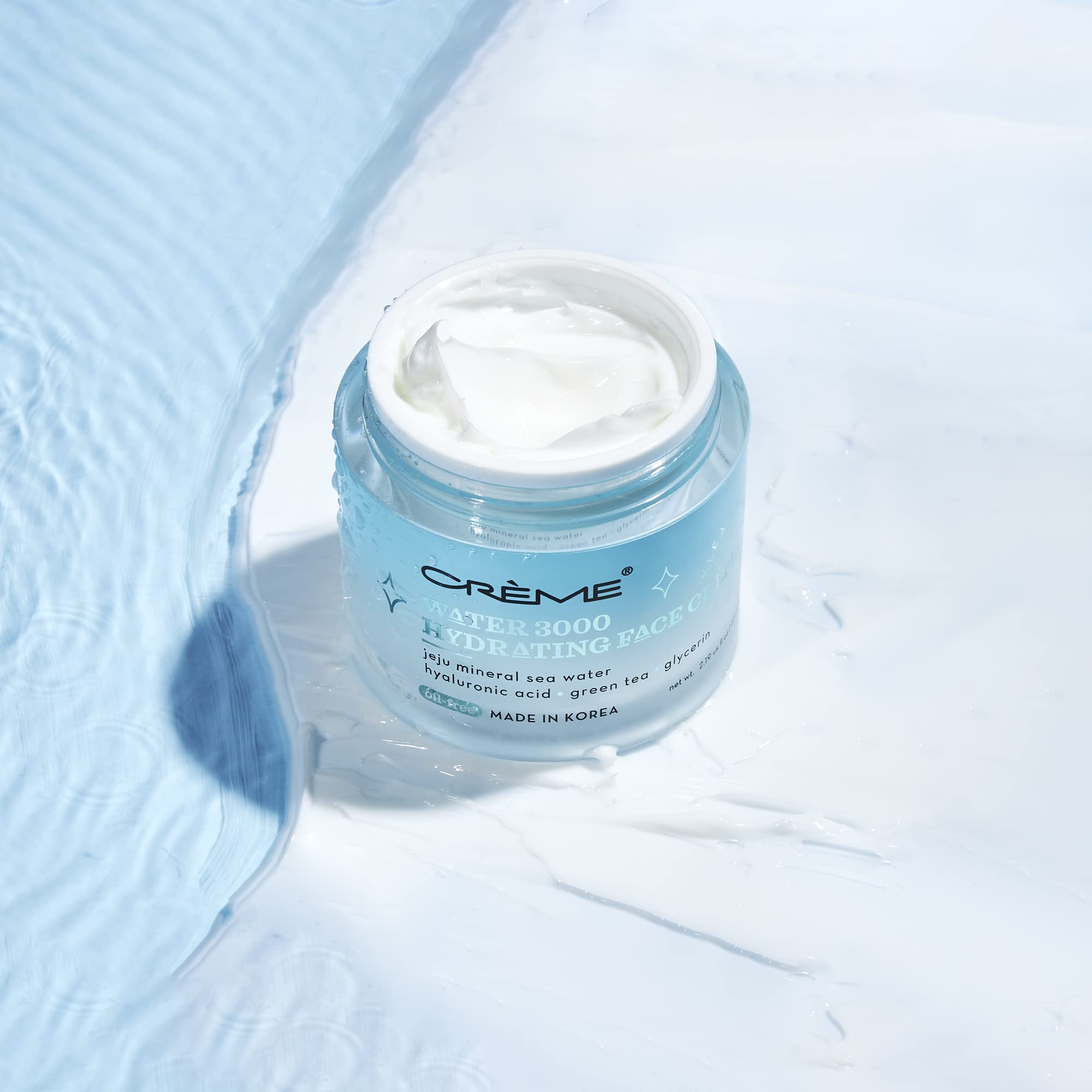 The Crème Shop Water 3000 hydrating crème in matte packaging suggests clean beauty for everyday use.