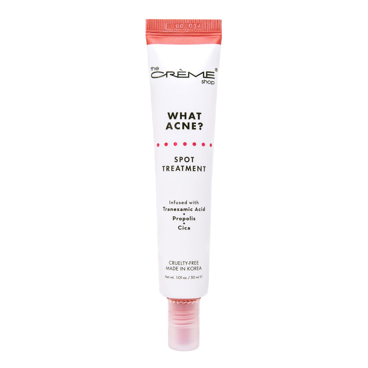 The Crème Shop What Acne? Spot Treatment bottle closeup for targeted blemish care