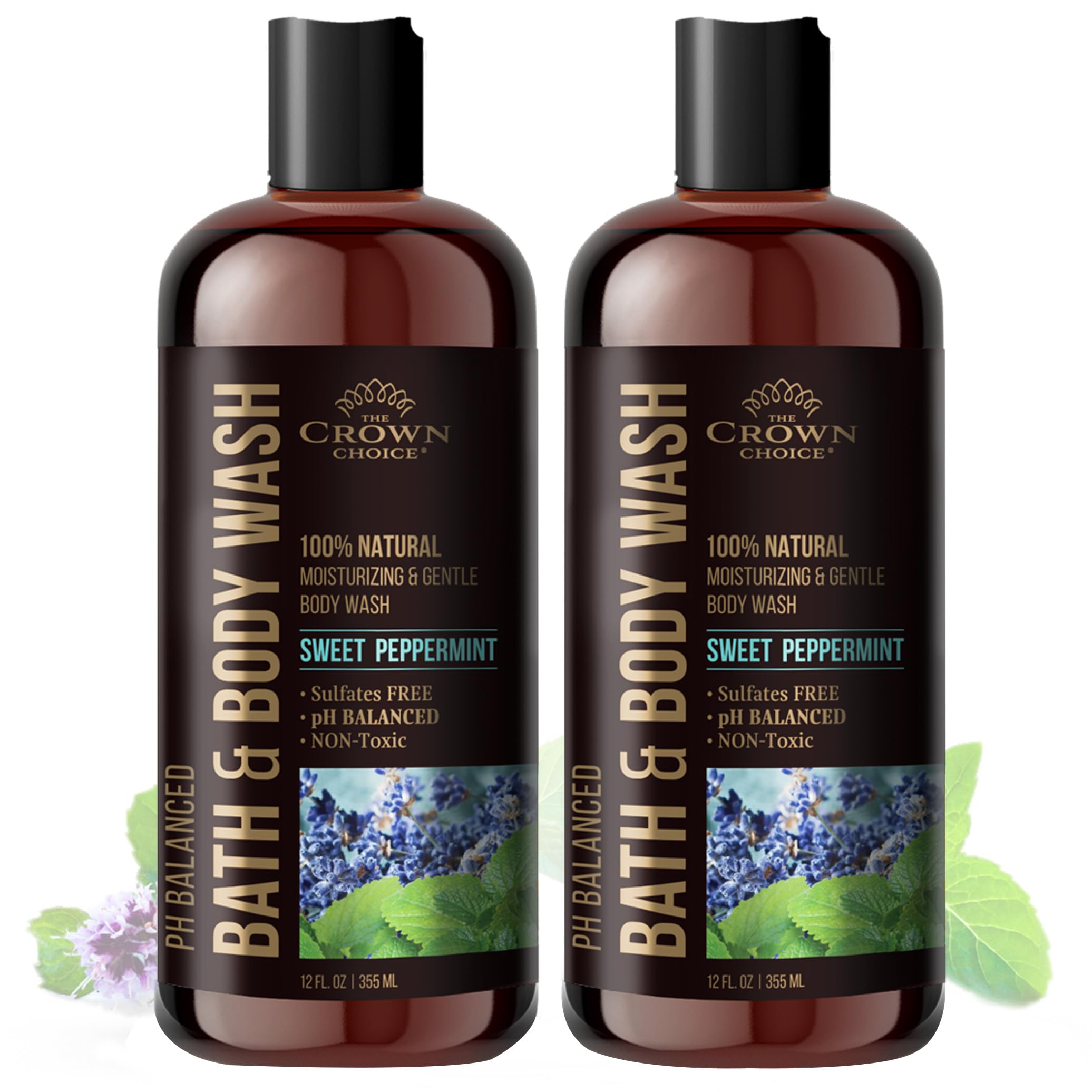 The Crown Choice peppermint lavender bottle front, a refreshing shower essential for all skin types.