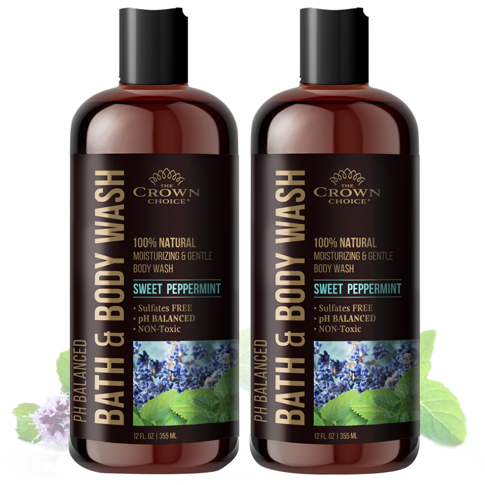 The Crown Choice peppermint lavender bottle front, a refreshing shower essential for all skin types.
