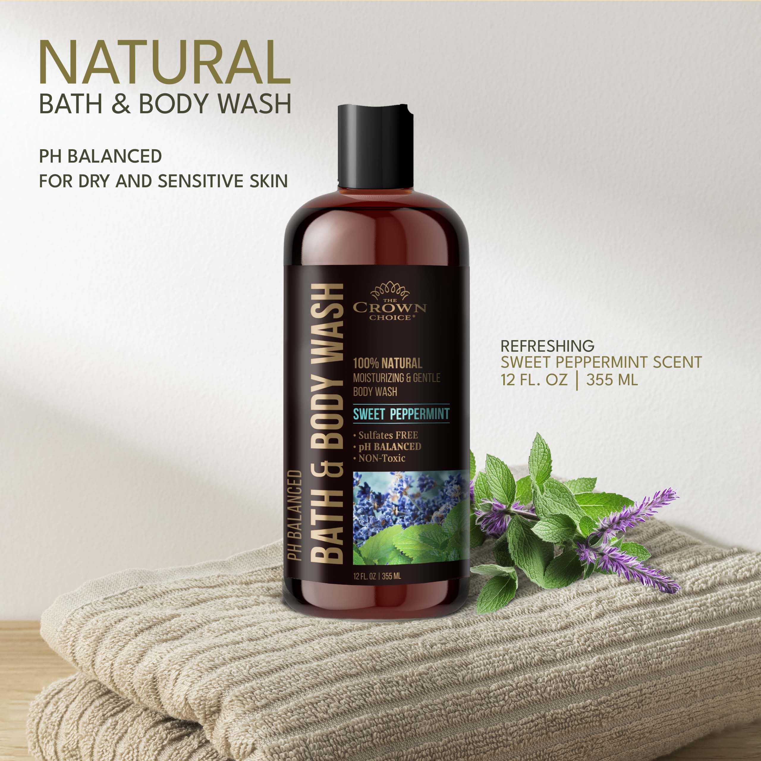 The Crown Choice peppermint lavender bottle label, highlighting natural, sulfate-free formula for gentle cleansing.