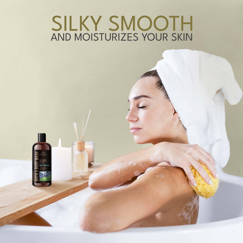 The Crown Choice peppermint lavender bottle pump, easy to dispense, perfect for daily showers.
