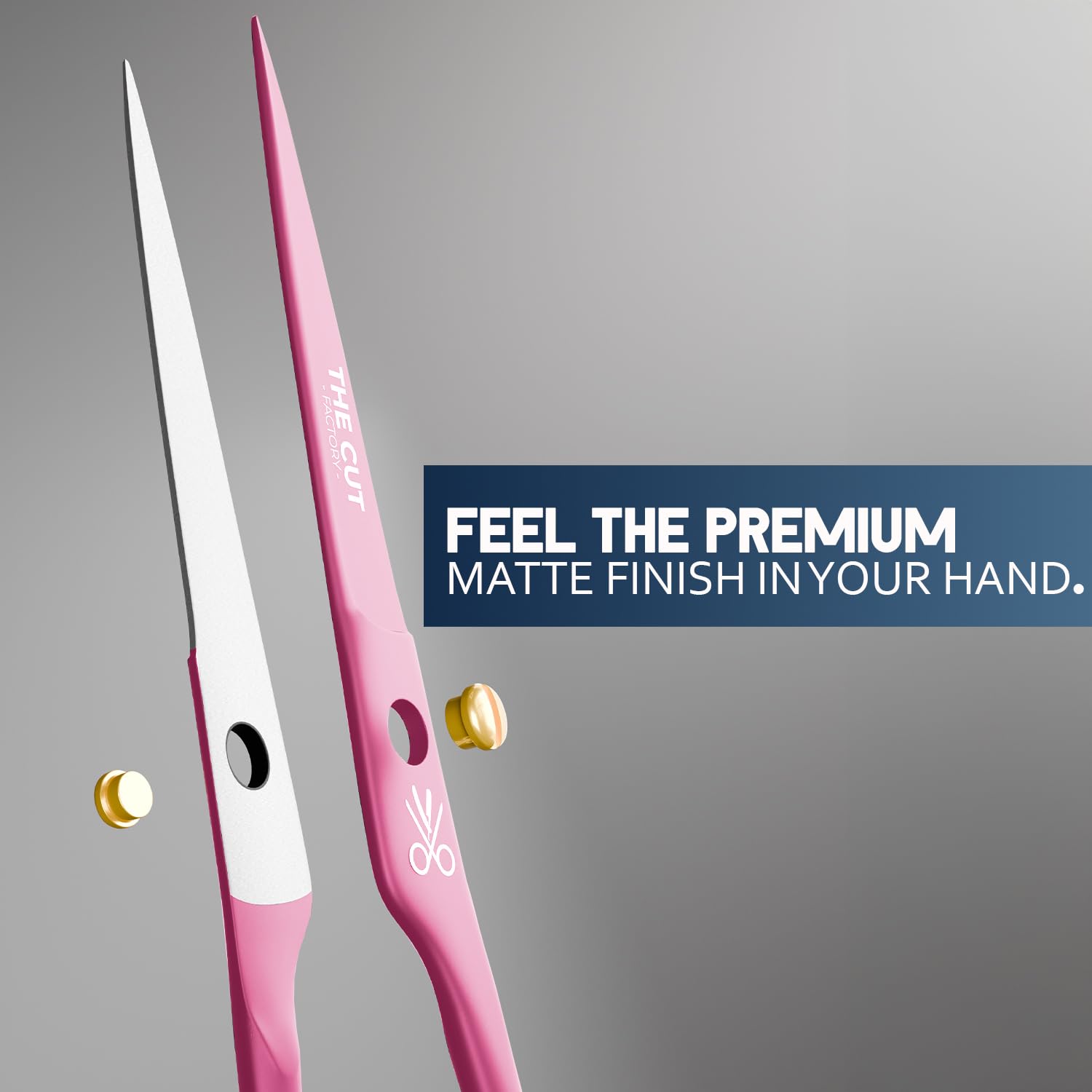 The Cut Factory pink scissors blade close-up showing sharp edge for clean cuts.