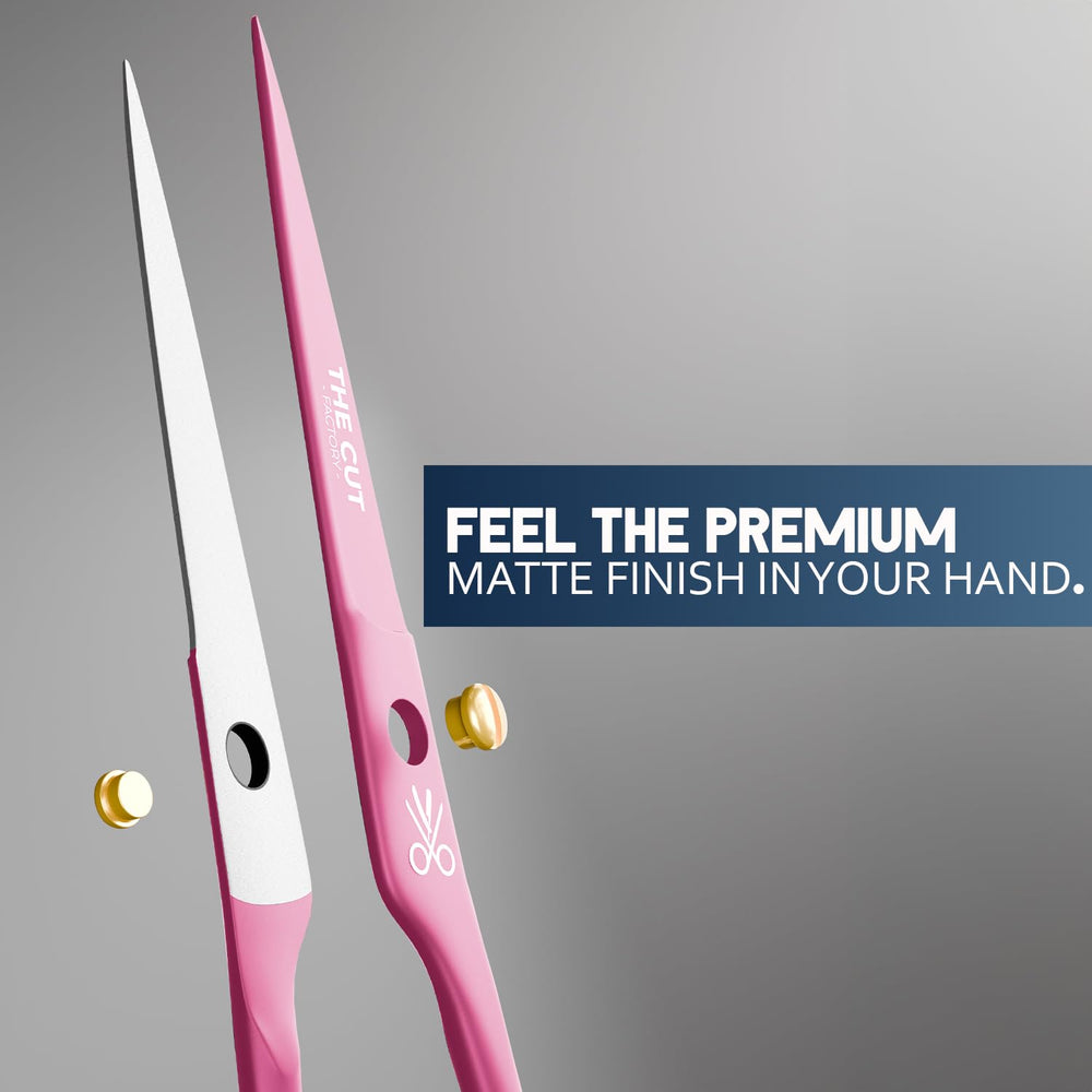 The Cut Factory pink scissors blade close-up showing sharp edge for clean cuts.
