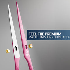 The Cut Factory pink scissors blade close-up showing sharp edge for clean cuts.