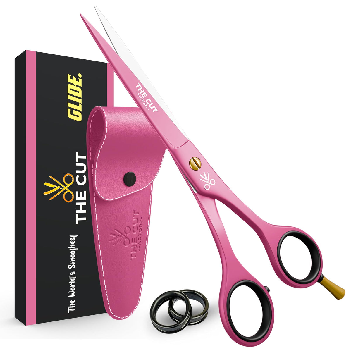 The Cut Factory 6.5-inch pink hair scissors with comfortable grip for precise trimming.