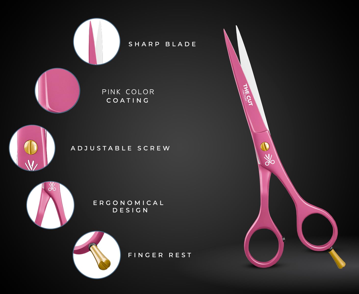 The Cut Factory pink scissors with detachable finger rings for adjustable comfort.