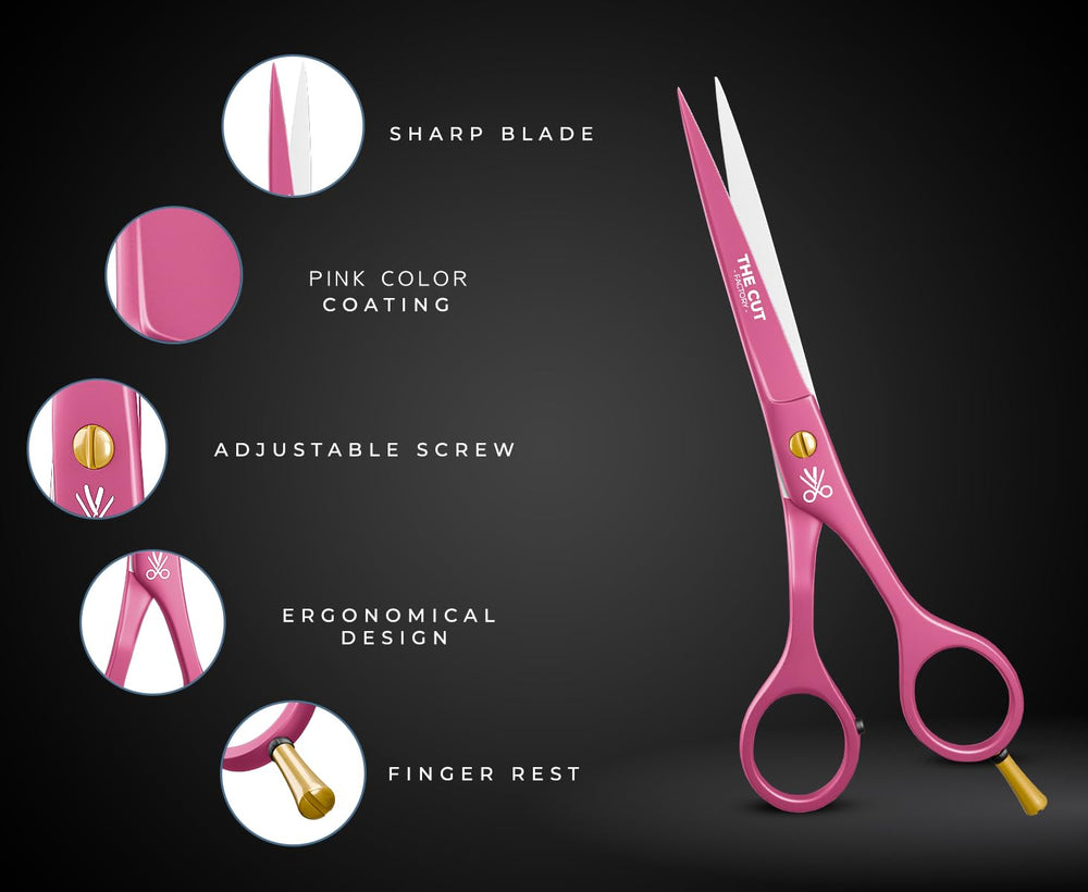 The Cut Factory pink scissors with detachable finger rings for adjustable comfort.