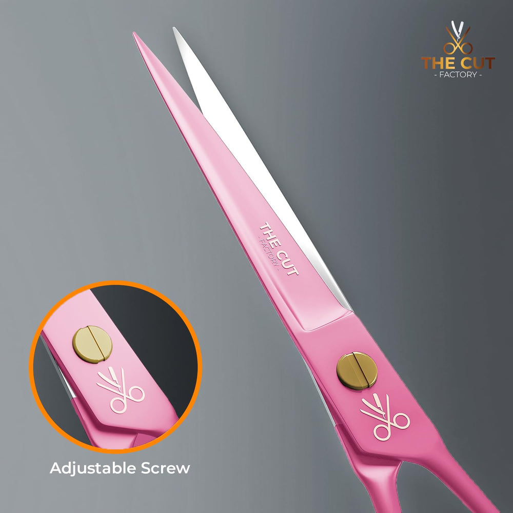 The Cut Factory pink hair shears with non-slip handle for steady cutting.