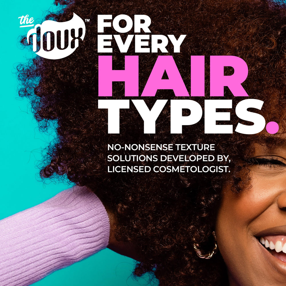 Model curls after styling with The Doux gel, defined texture.