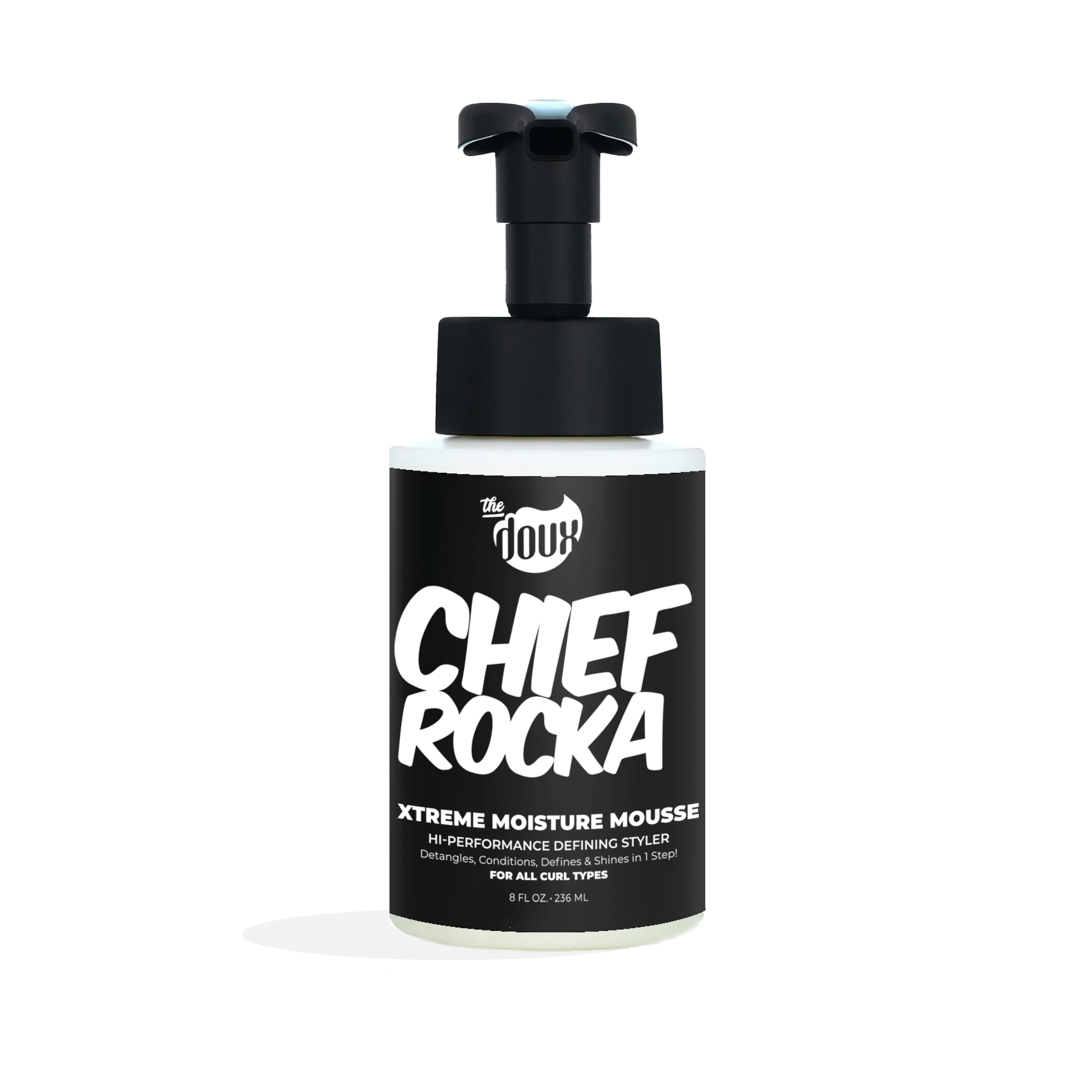 The Doux Chief Rocka Mousse bottle showing gel-to-foam texture for lasting curl definition.