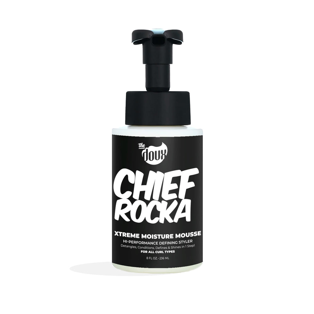 The Doux Chief Rocka Mousse bottle showing gel-to-foam texture for lasting curl definition.