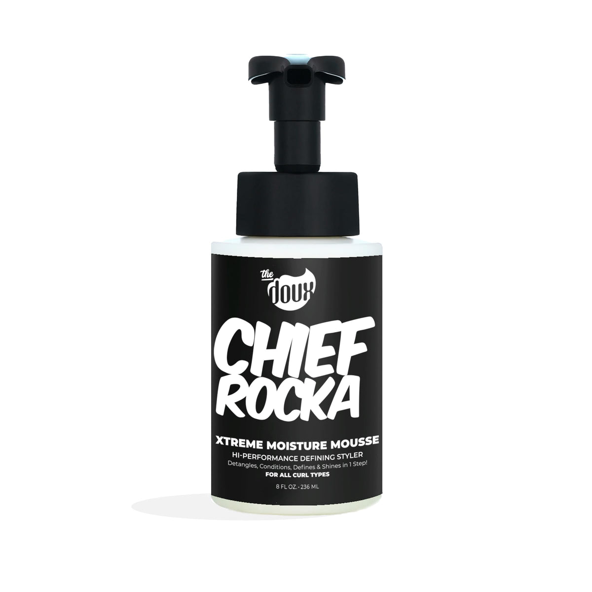 The Doux Chief Rocka Mousse bottle showing gel-to-foam texture for lasting curl definition.