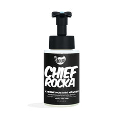 The Doux Chief Rocka Mousse bottle showing gel-to-foam texture for lasting curl definition.