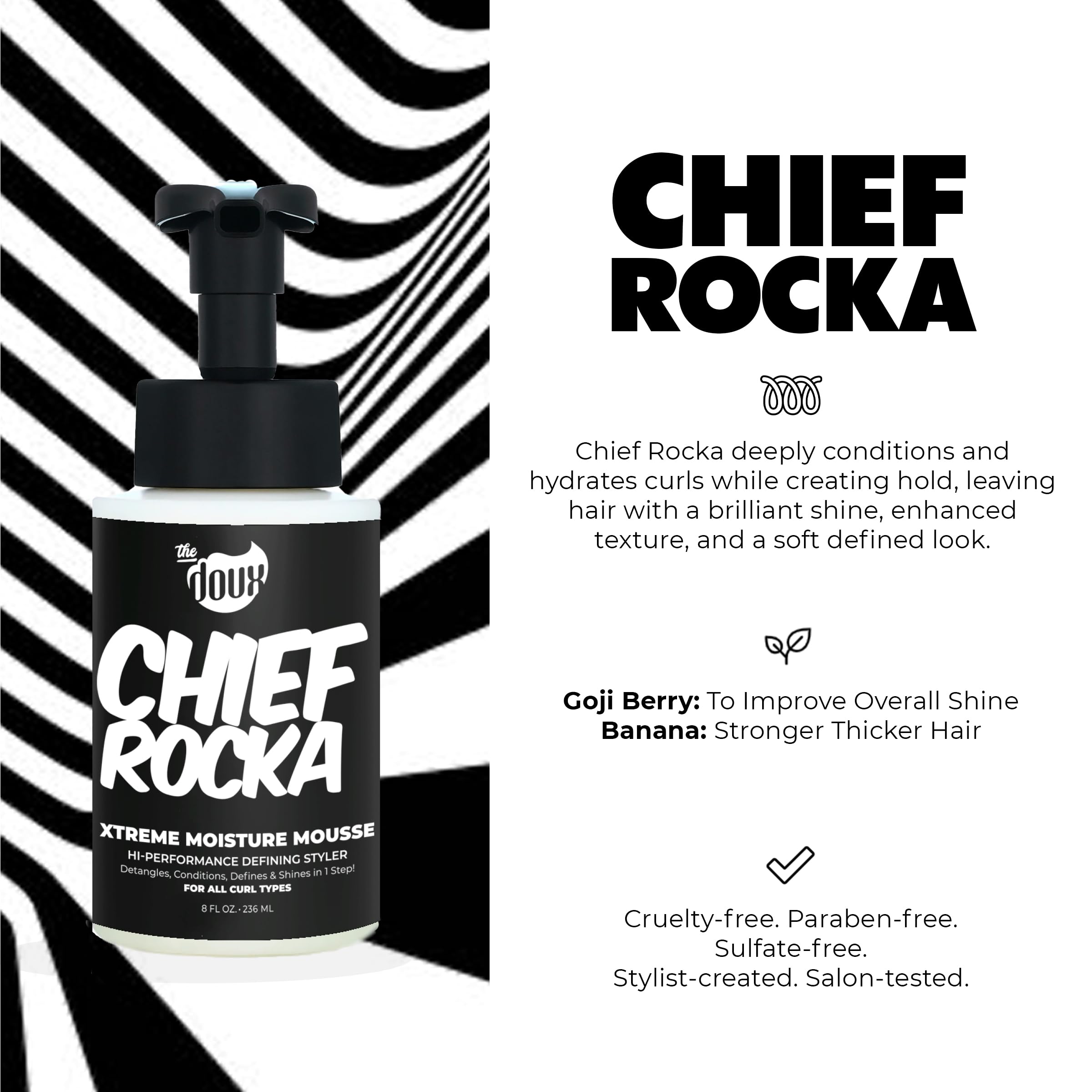 The Doux Chief Rocka Mousse on curly hair defines texture with soft movement.