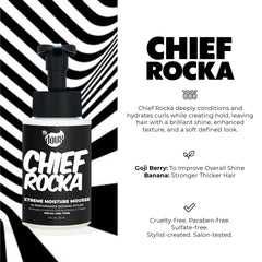 The Doux Chief Rocka Mousse on curly hair defines texture with soft movement.