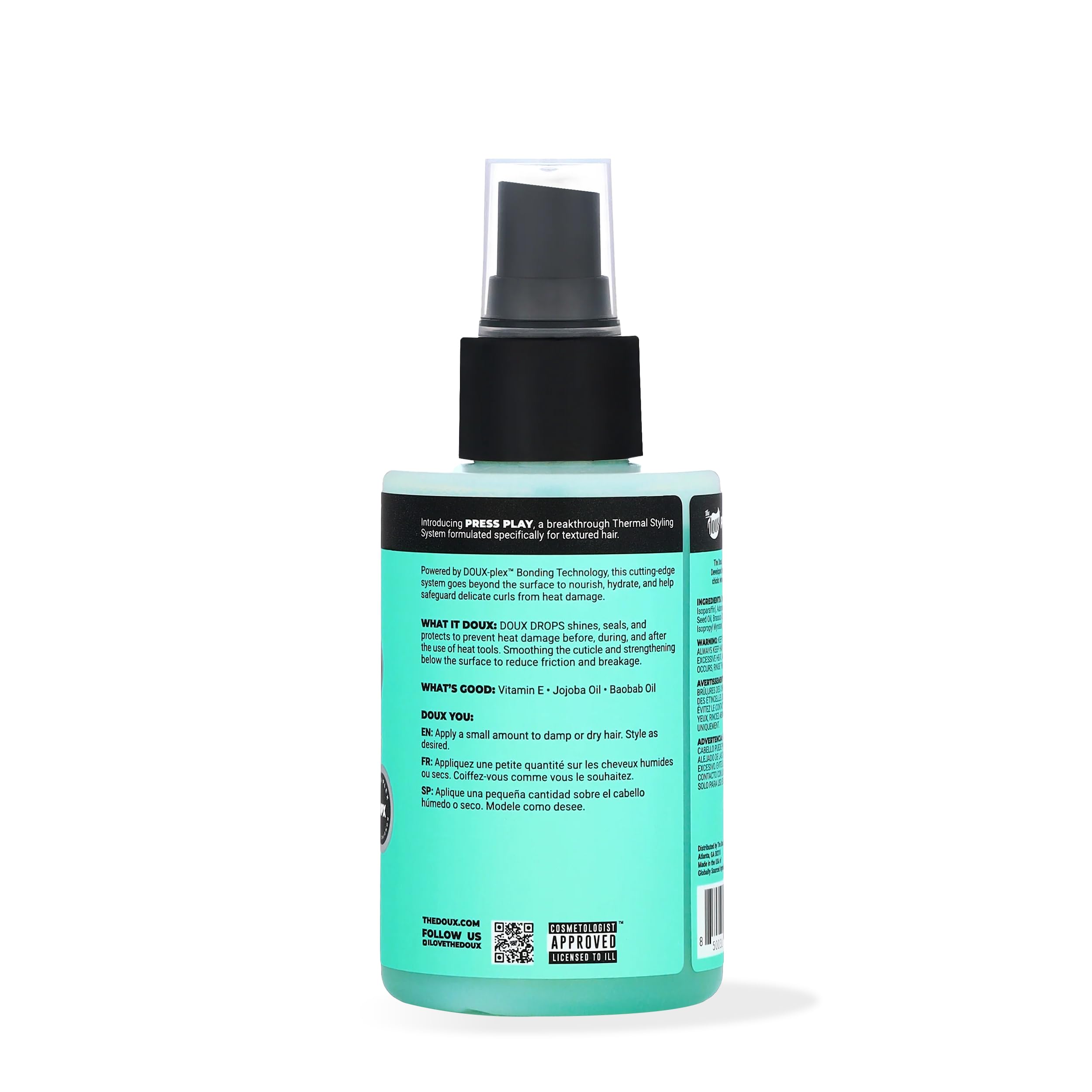 The Doux Drops Bonding Polish Spray bottle closeup shows glossy shine and premium design