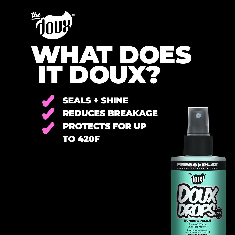 The Doux Drops Bonding Polish Spray adds high gloss without heaviness on layered styles