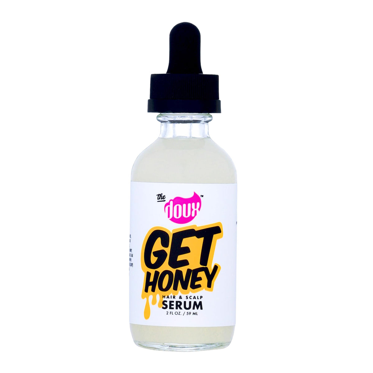 The Doux Get Honey Hair Serum bottle shows a lightweight scalp soothing formula for curls