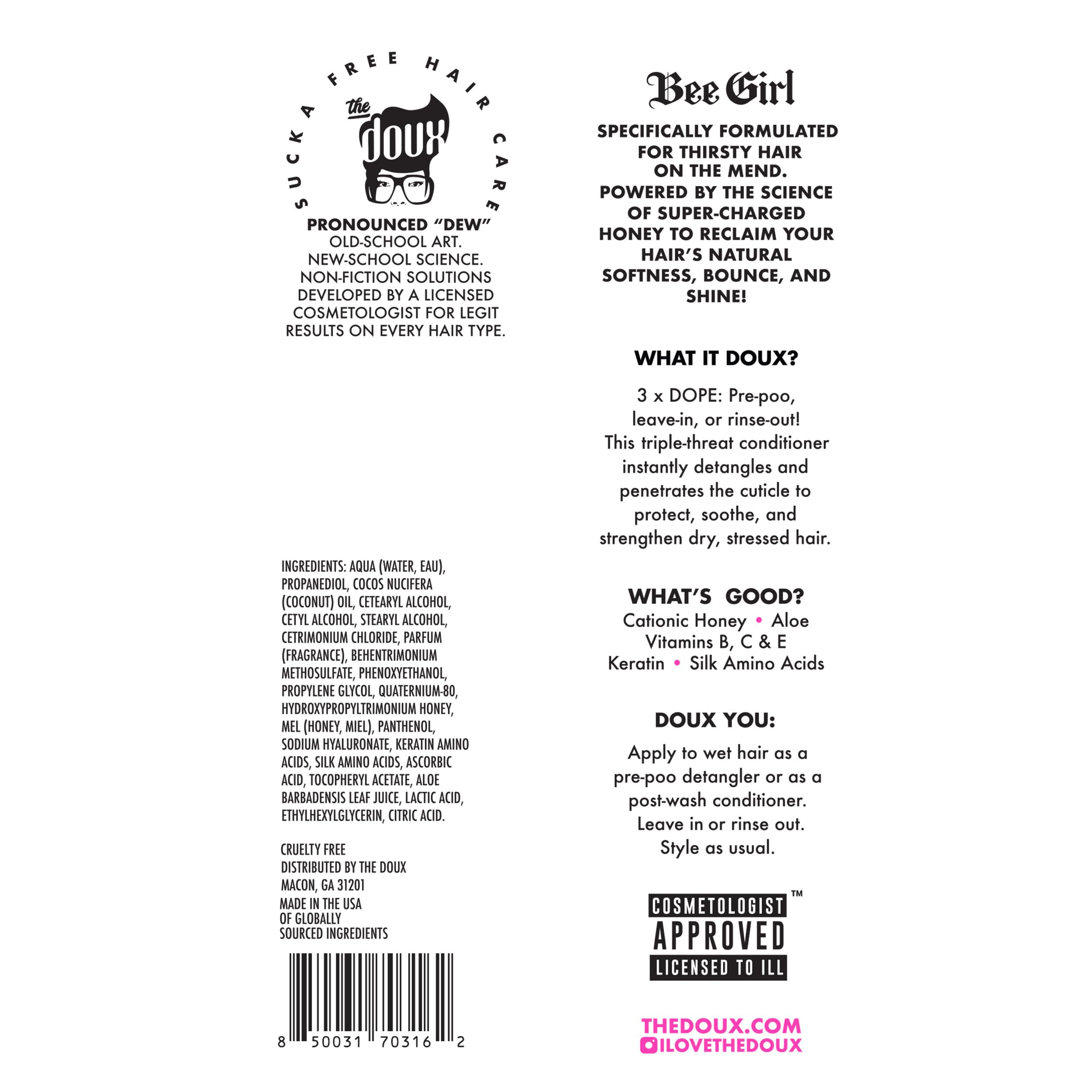 The Doux Get Honey Hair Serum packaging communicates natural textured-hair care