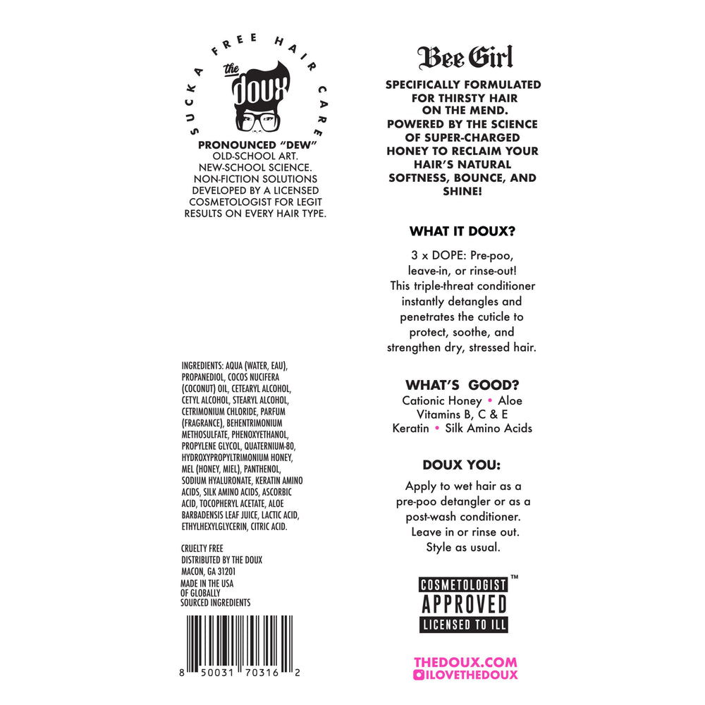 The Doux Get Honey Hair Serum packaging communicates natural textured-hair care