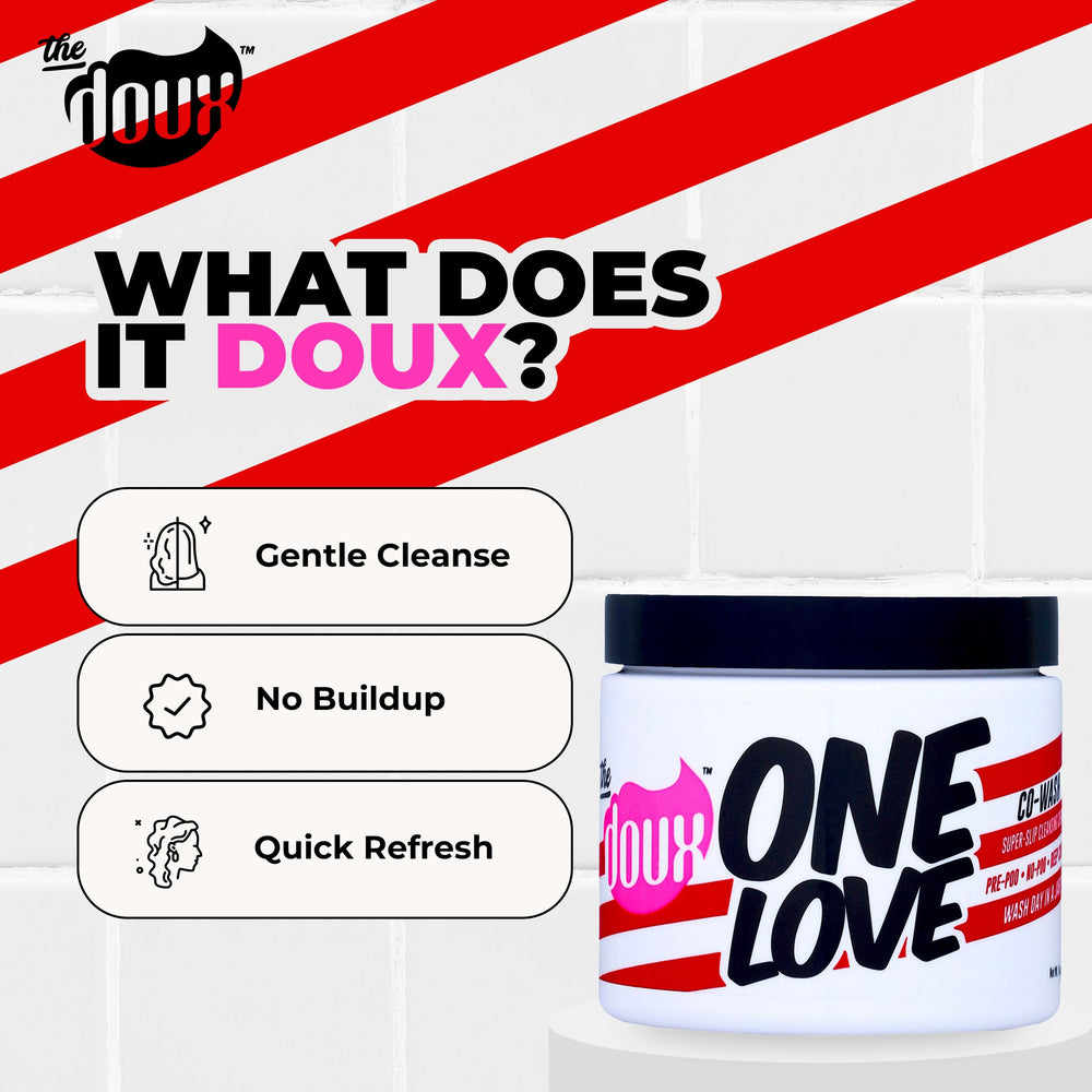 The Doux One Love Co-Wash on damp curls showcasing frizz control and shine.
