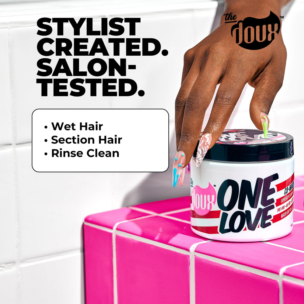 The Doux One Love Co-Wash texture close-up shows creamy slip for detangling.