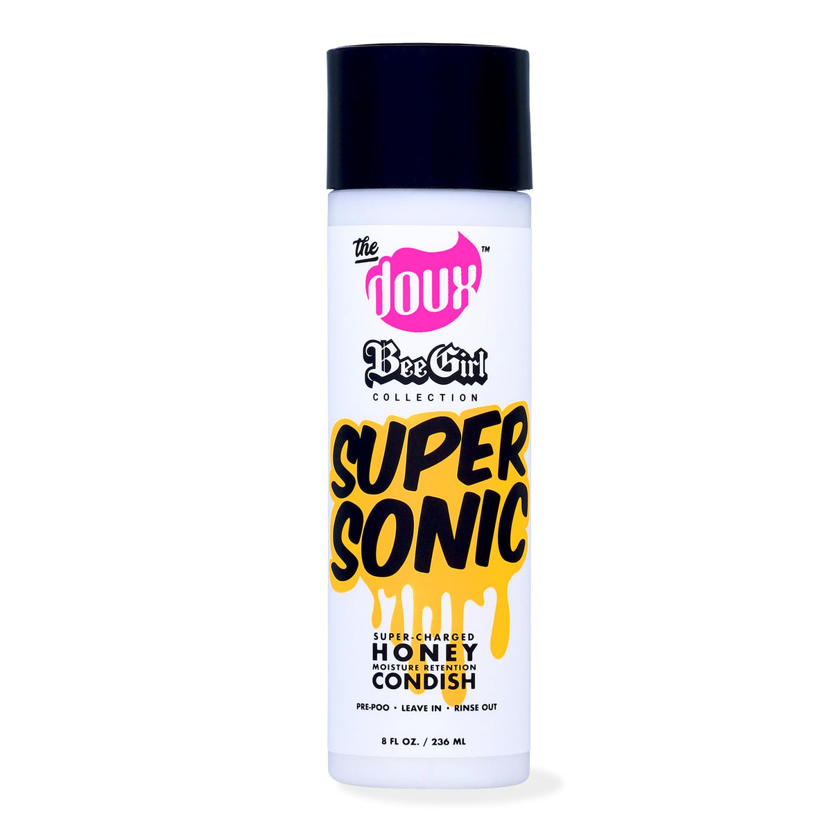 The Doux Supersonic Honey Condish bottle front for hydrated, defined curls.