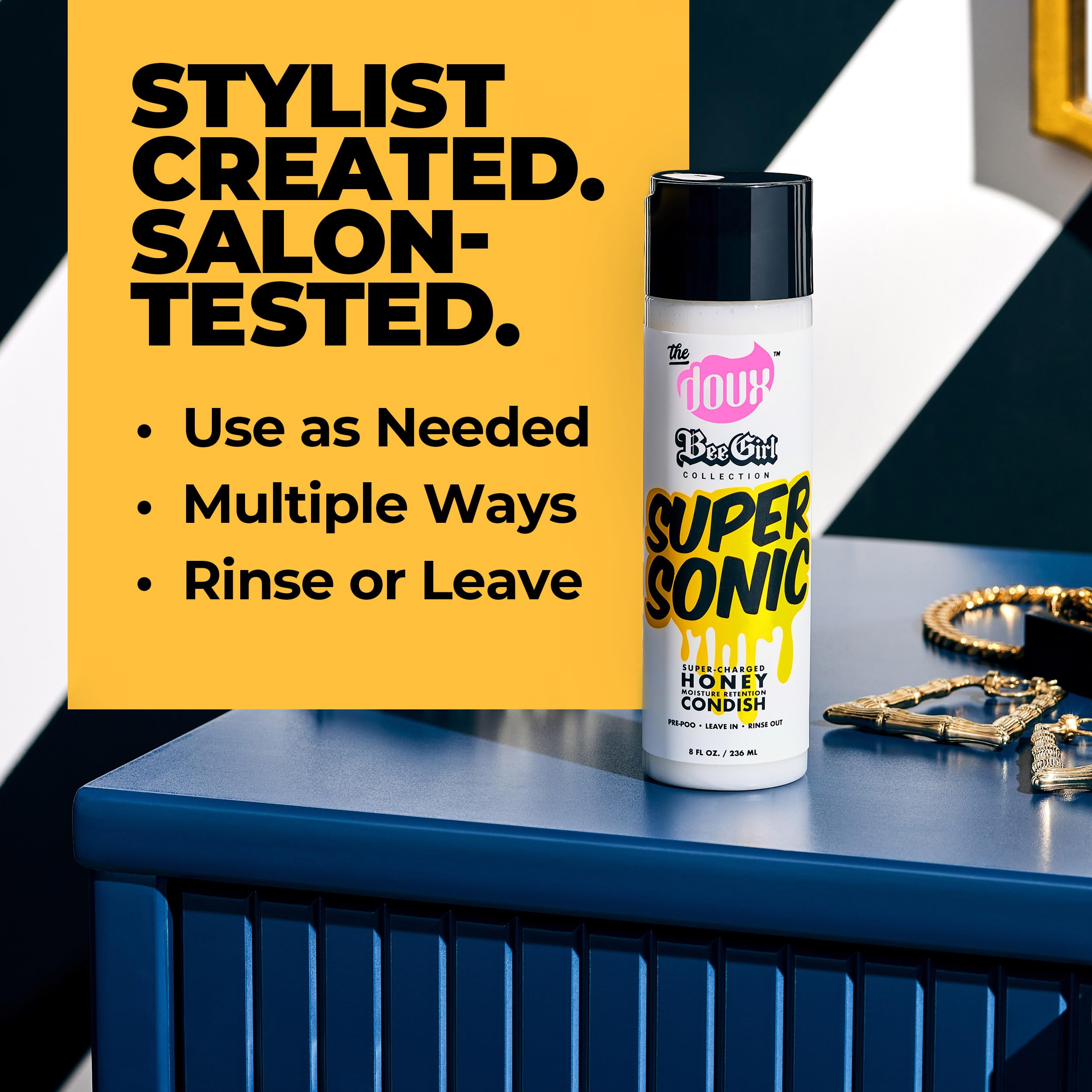The Doux Supersonic Honey Condish detangling close-up highlights frizz control.
