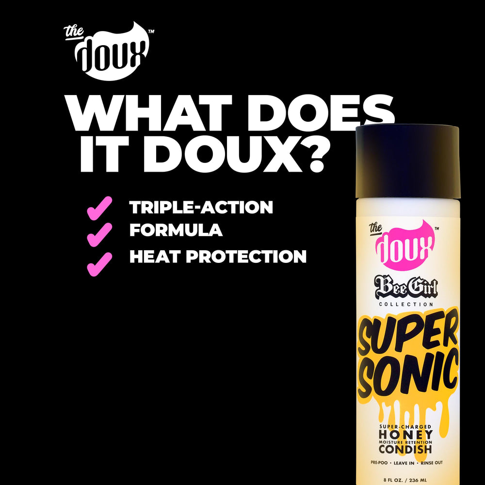 The Doux Supersonic Honey Condish honey texture signals rich moisture.