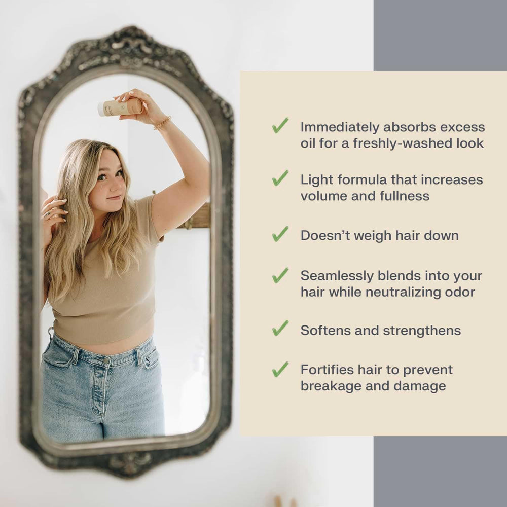 Earthling Co. dry shampoo powder dispenses for quick touch-ups.