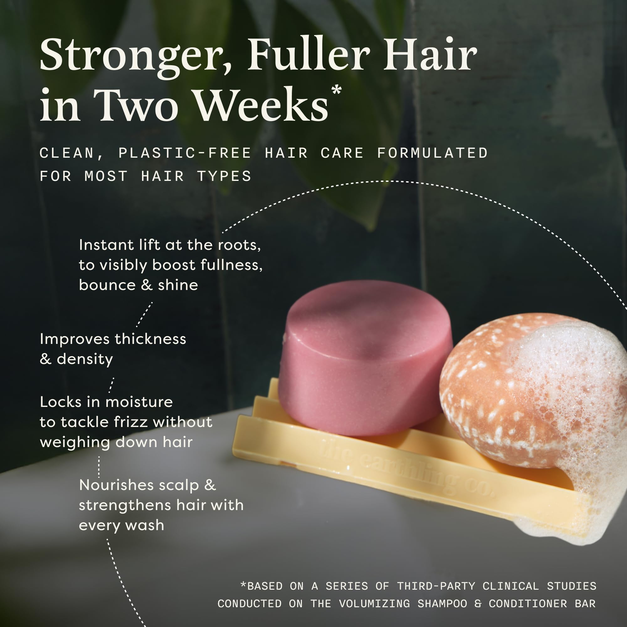 The Earthling Co Shampoo Bar Set close-up shows Marshmallow Root and Vitamin B5 for stronger-looking hair.