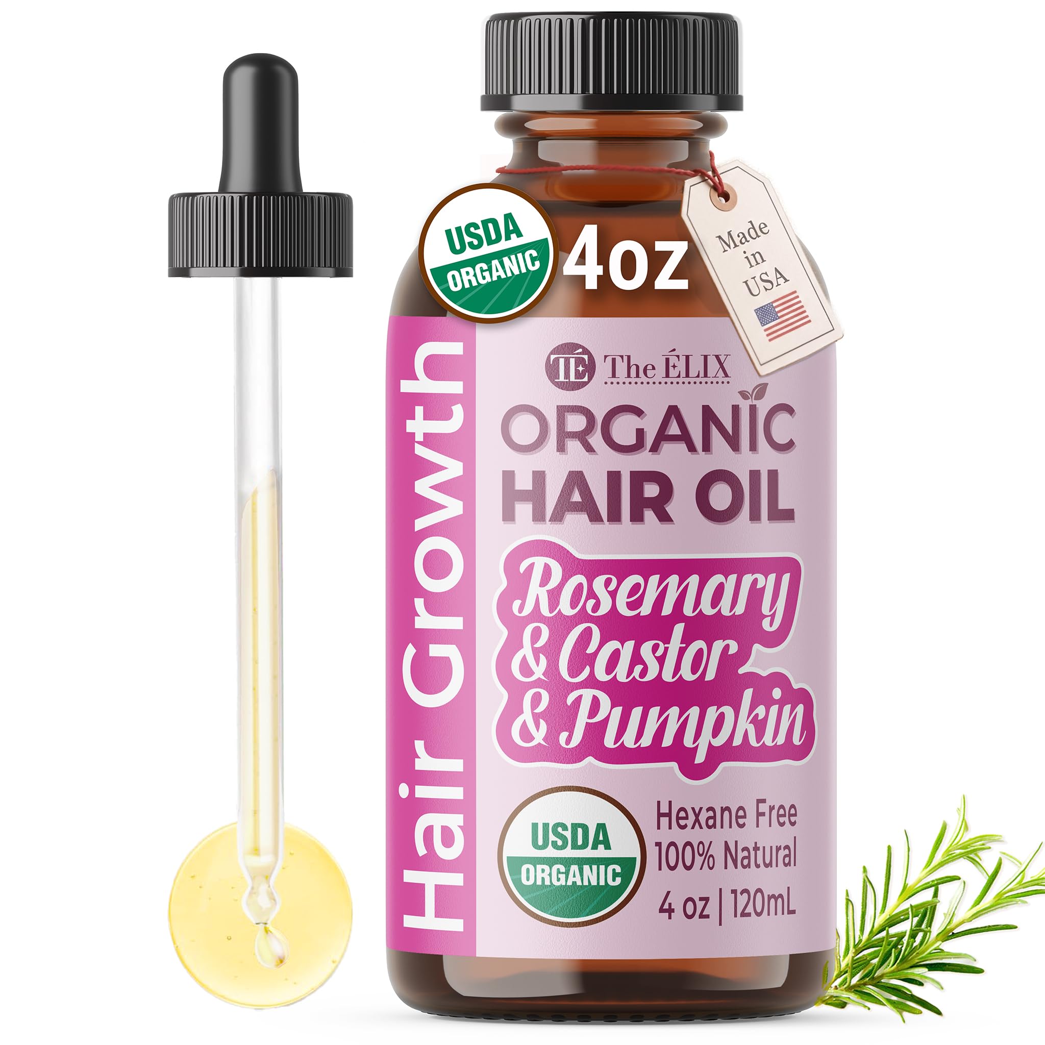 The ELIX rosemary oil bottle pour highlights premium, organic formula for hair growth support.