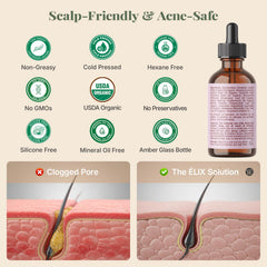 The ELIX rosemary oil ingredients and label image showcases organic blend and hexane-free formulation.