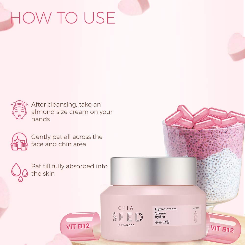The Face Shop Chia Seed Advanced Hydro Cream ingredients visual highlighting chia seed extract and pink vitamin B12.