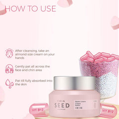The Face Shop Chia Seed Advanced Hydro Cream ingredients visual highlighting chia seed extract and pink vitamin B12.