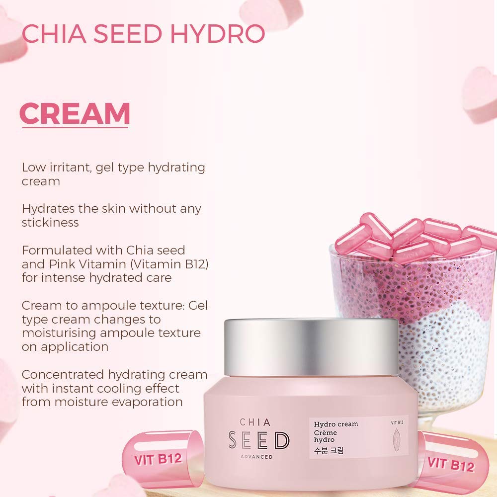 The Face Shop Chia Seed Advanced Hydro Cream texture swirl shows quick absorption and cooling feel.
