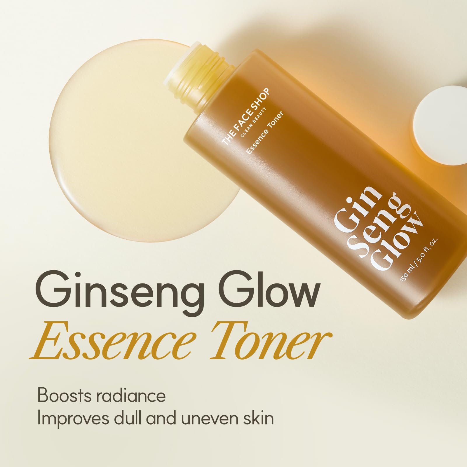 The Face Shop Ginseng Glow Essence Toner applied on hand for quick absorption.