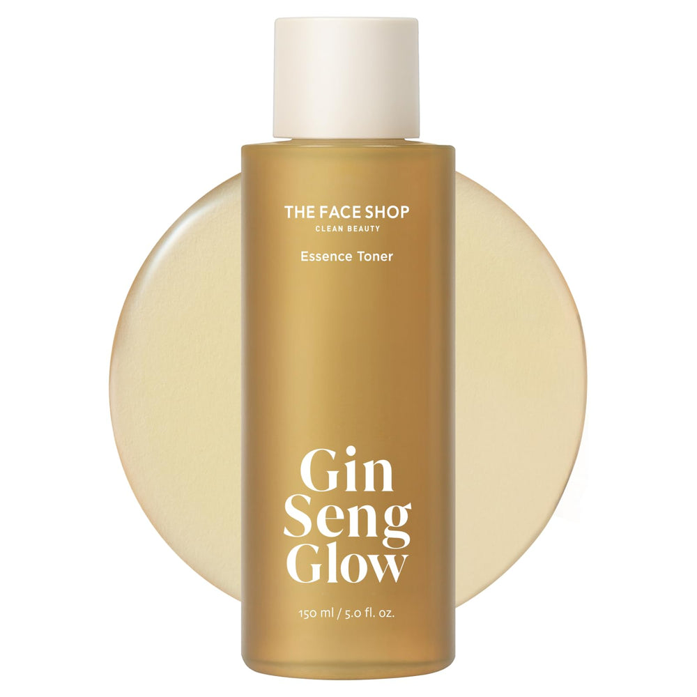 The Face Shop Ginseng Glow Essence Toner bottle close-up highlighting hydration.