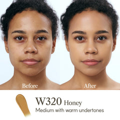 Half-face application of The Face Shop Ink Lasting Foundation demonstrates natural semi-matte finish.